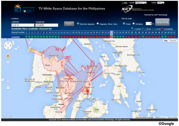 Figure 1: A screen shot of the White Space Database running with TV broadcasting data of the Philippines