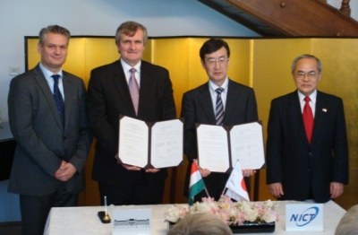 左から：タカーチハンガリー外務省アジア・太平洋州局長、ドボルスキーBME国際部長（ボードメンバー）、熊谷理事、伊藤哲雄在ハンガリー日本大使